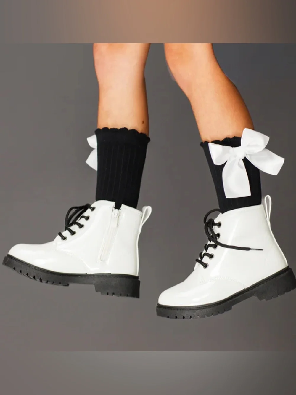 WHITE Glossy Sparkle Combat Boots,zip/lace